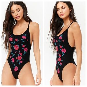Floral Embroidered Mesh One Piece Swimsuit Black